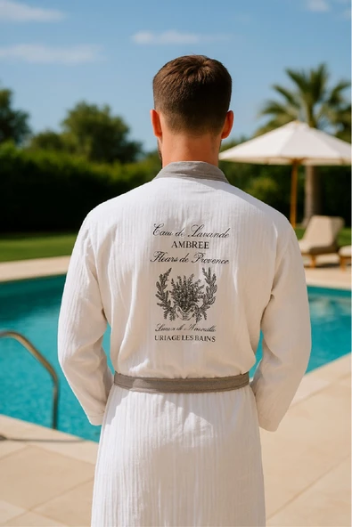 Baskılı Müslin Kimono Bornoz – Unisex | %100 Pamuk Yumuşacık 2 Katlı Doğal Kumaş - ZTMBB10  Cheria Gri S/M - 3