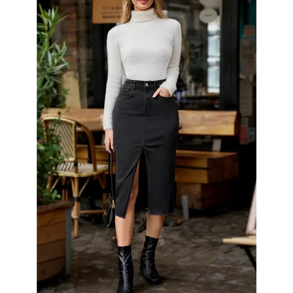 Lucky Life Kadın Yüksek Bel önden Yırtmaçlı Cepli Midi Kot Etek - 2