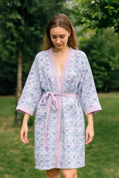 Baskılı Müslin Kimono Bornoz – Unisex | %100 Pamuk Yumuşacık 2 Katlı Doğal Kumaş - ZTMBB10 Cheria Bej S/M - 9