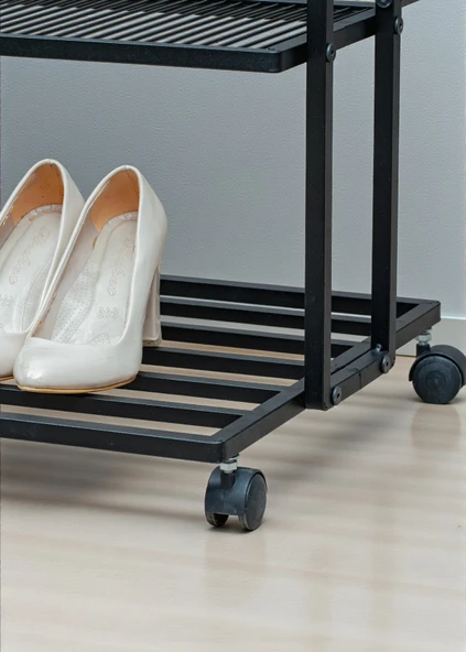 SİYAH METAL ELBİSE ASKILIĞI İKİ YÖNLÜ 3 RAFLI TEKERLEKLİ ASKILIK PORTMANTO VE KONFEKSİYON ASKILIĞI - 8