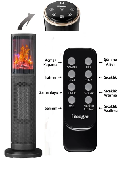 Hoogar German 2075 L Grey Oben Seri OLED Şömineli Ekran Dijital Kule Tipi Seramik Fanlı Isıtıcı - 3