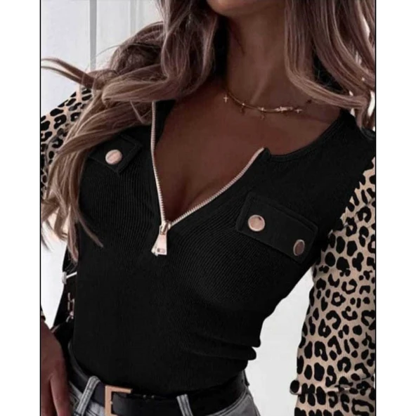 Lucky Life Kadın Uzun Kollu Leopar Desenli Fermuarlı önden Cep Ve Düğme Detaylı Kaşkorse Bluz