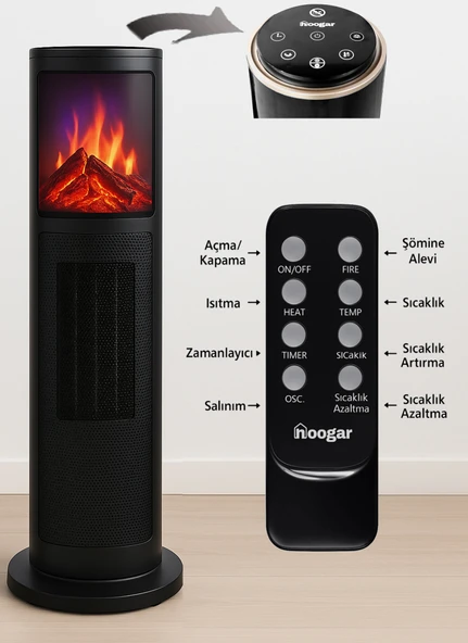 Hoogar German 2075 L Black Oben Seri OLED Şömineli Ekran Dijital Kule Tipi Seramik Fanlı Isıtıcı - 3