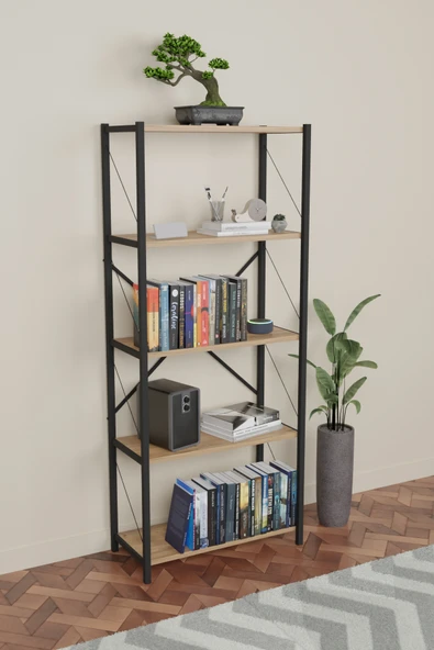 mobecohome Kitaplık 5 Raflı Ev Dosya Kitap Rafı Ceviz - 1