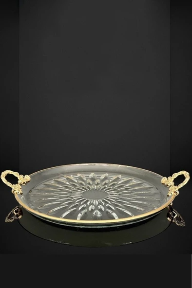 Efegil Çırağan Gold 30x30x5cm Cam Kulplu Kek Servis Tepsisi ve Sunumluk