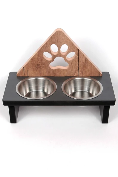 Ahşap Kedi Mama Kabı Pati Desenli Üçgen Köpek Mama Ve Su Kabı - 2