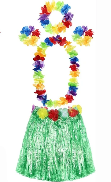 Yetişkin ve Çocuk Uyumlu Luau Aloha Hawaii Yeşil Etek ve Renkli Kolye Taç 2 Adet Bileklik Seti ürün görseli 1