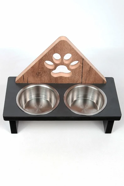 Ahşap Kedi Mama Kabı Pati Desenli Üçgen Köpek Mama Ve Su Kabı - 4