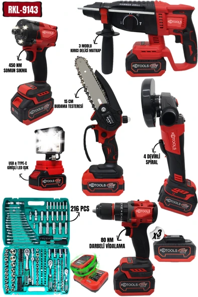 RETOOLS 7'Lİ SET (216 PARÇA LOKMA TAKIMI - DAL BUDAMA TESTERESİ - KARE PROJEKTÖR)