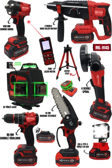 RETOOLS 7'Lİ SET (16 YÖNLÜ LAZER - LAZER METRE - DAL BUDAMA TESTERESİ - KARE PROJEKTÖR)
