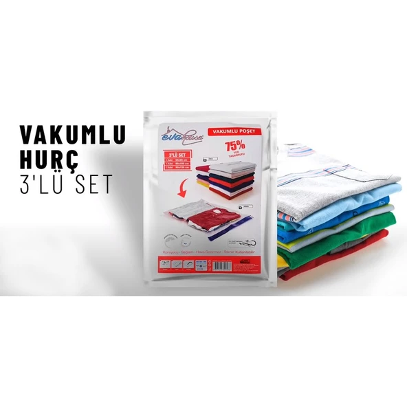Eva House 3'lü Tekrar Kullanılabilir Vakumlu Poşet Seti Hava Geçirmez 55x90 cm, 80x100 cm, 90x120 cm ürün görseli