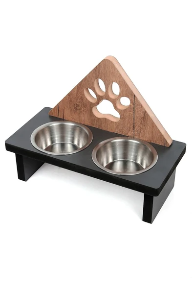 Ahşap Kedi Mama Kabı Pati Desenli Üçgen Köpek Mama Ve Su Kabı - 1