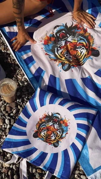 Plaj Havlusu Tiger Desenli (Özel Çantalı) 70x150 cm - Resim 5