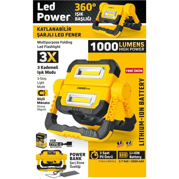 Sgs 5057 Şarjlı LED Çalışma Lambası-Power Bank 1000 Lümen 3.7 Volt/ 5000 Mah - Resim 3