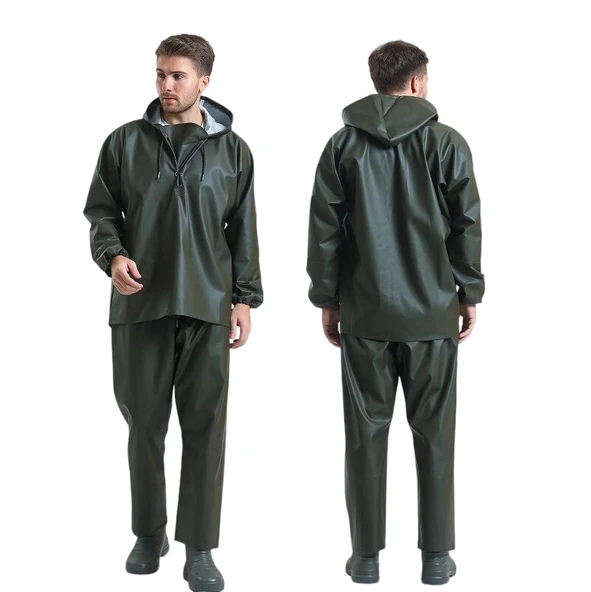 Balıkçı Yağmurluk Alt Üst Takım Haki 0,40 Micron - Avcı - Balıkçı - Çiftçi - Su Geçirmez - Pvc