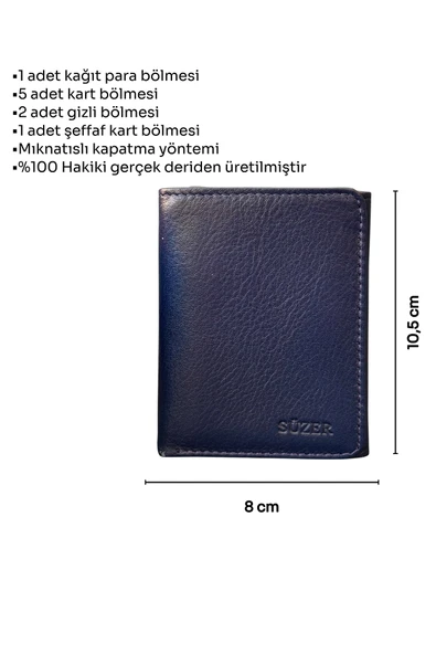 Üçe Katlamalı Model Mıknatıslı Hakiki Deri Erkek Cüzdan - Lacivert - 6