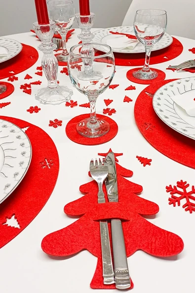 Kırmızı 6'lı Dekoratif Çam Ağacı Kaşıklık – Yılbaşı Dekor, 3mm Keçe - Resim 4