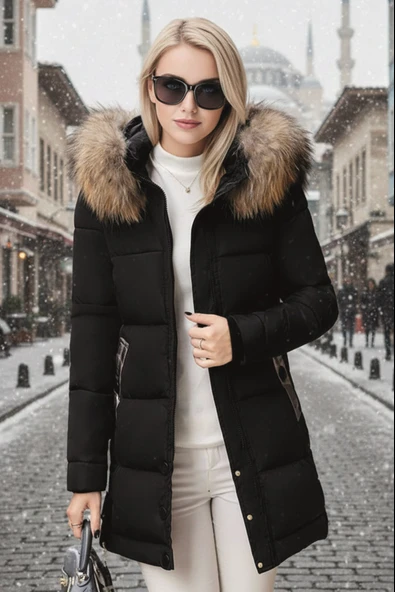 Orta Boy Kışlık Kürk Yaka Kapüşonlu Şişme Kadın Mont co7112syh2 ürün görseli 1