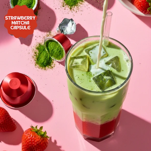 Strawberry Matcha Kapsül - Nespresso Uyumlu, Çilek Aromalı Matcha Tozu, 10lu Paket - Resim 4