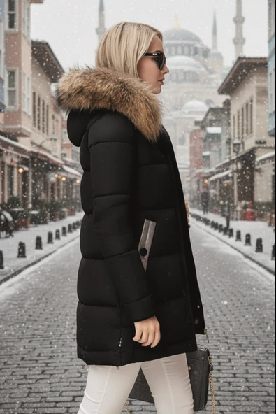 Orta Boy Kışlık Kürk Yaka Kapüşonlu Şişme Kadın Mont co7112syh2 - Resim 2