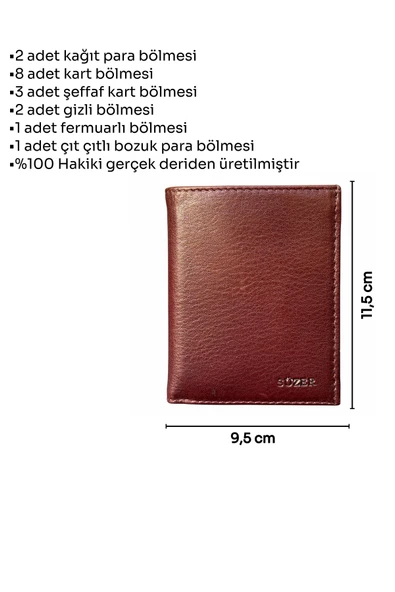 Madeni Para Bölmeli ve Fermuarlı Dikey Klasik Model Hakiki Deri Erkek Cüzdan Kahverengi - 5
