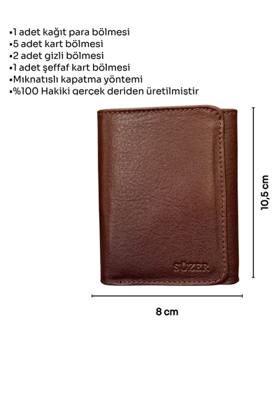 Üçe Katlamalı Model Mıknatıslı Hakiki Deri Erkek Cüzdan - Kahverengi - 6