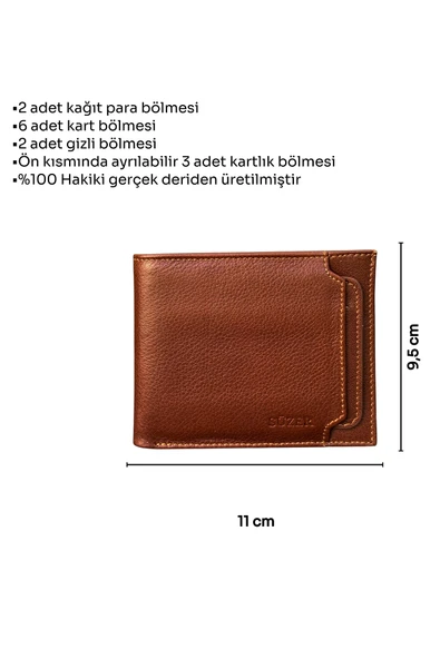 Ayrılabilir Kartlıklı Yatay Klasik Model Hakiki Deri Erkek Cüzdan Taba - 5
