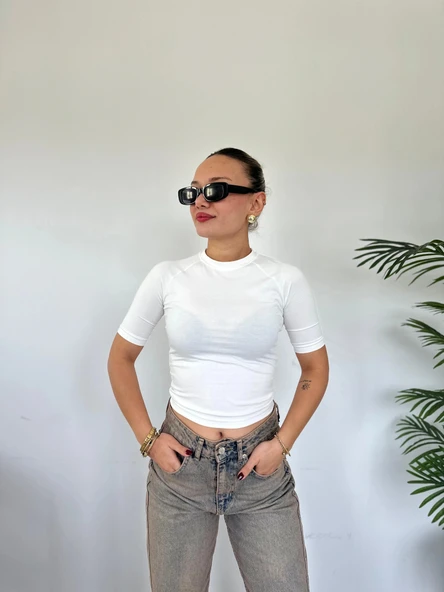 Kadın Bisiklet Yaka Kısa Kollu Body Ekru ürün görseli 1