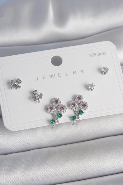 Pirinç Gümüş Renk Renkli Zirkon Taşlı Çiçek Model Yaprak Detay 925 Ayar Gümüş Çivi Kadın Küpe Seti - TJ-BKP10487 ürün görseli 1