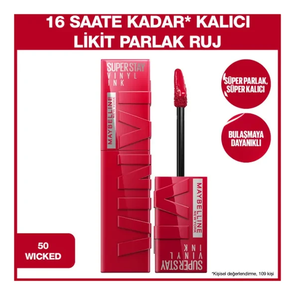 Maybelline New York Super Stay Vinyl Ink Uzun Süre Kalıcı Likit Parlak Ruj - 50 Wicked - Resim 2