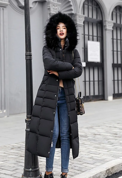 Kışlık Tam Boy Kapüşonlu Günlük Kadın Şişme Mont - Resim 4