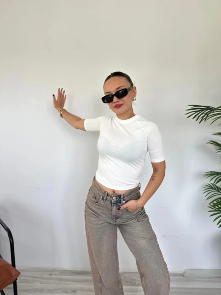 Kadın Bisiklet Yaka Kısa Kollu Body Ekru - Resim 3