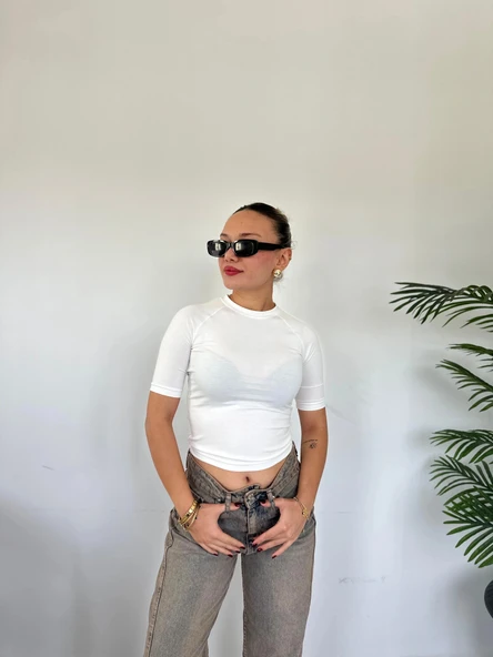 Kadın Bisiklet Yaka Kısa Kollu Body Ekru - Resim 4