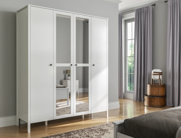 Hunerika Tiran 4 Kapaklı Gardırop-Wood Beyaz-Minifiks Bağlantılı