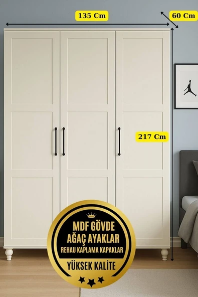 Alin 3 Kapaklı Dolap | MDF Gövde | Ağaç Ayaklar | Geniş ve Şık Genç Odası Dolabı - 2