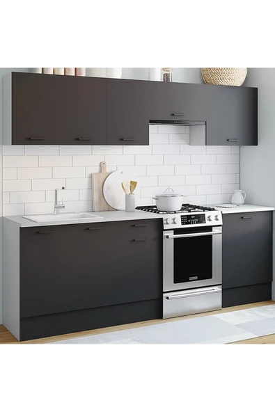 Tdesigno Vena Hazır Mutfak Dolabı240 Cm -Beyaz Laminat Tezgah Dahil-Antrasit-Mat ürün görseli