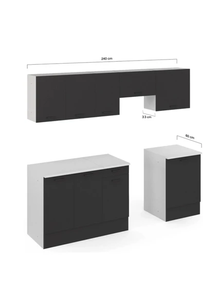 Tdesigno Vena Hazır Mutfak Dolabı240 Cm -Beyaz Laminat Tezgah Dahil-Antrasit-Mat - Resim 3