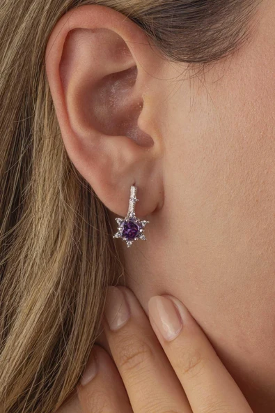 Gümüş Pazarım Ametist Taşlı Prenses Tektaş Gümüş Küpe - 2