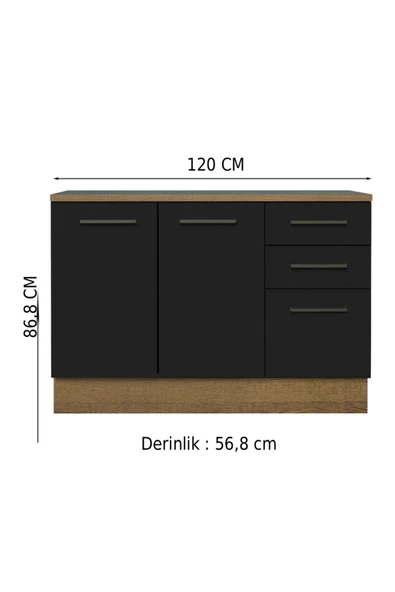 Tdesigno Yale Mutfak Alt Modül 3 Çekmeceli -2 Kapaklı-120 Cm -tezgah Dahil ürün görseli