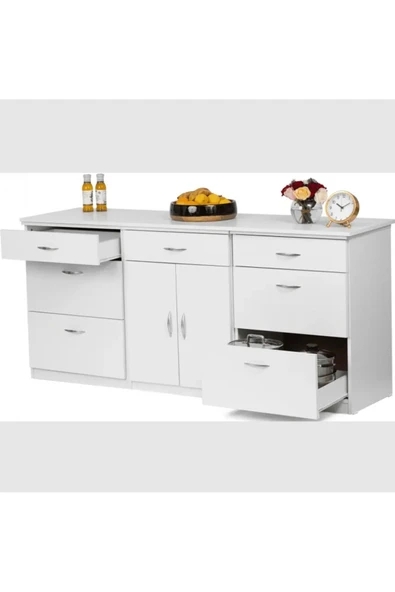 Tdesigno Zei Mutfak Çekmeceli Alt Modül 180 Cm Beyaz- Tezgah Dahil-Çok Amaçlı Dolap-Kahve Köşesi-Mat - 2