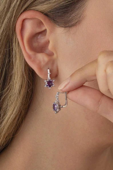 Gümüş Pazarım Ametist Taşlı Prenses Tektaş Gümüş Küpe