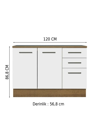 Tdesigno Yale Mutfak Alt Modül 3 Çekmeceli -2 Kapaklı-120 Cm -tezgah Dahil ürün görseli