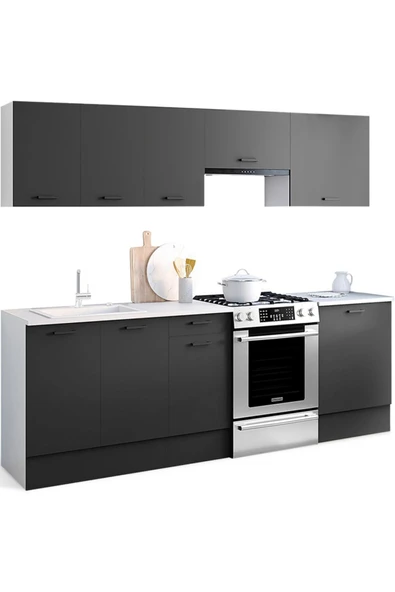 Tdesigno Vena Hazır Mutfak Dolabı240 Cm -Beyaz Laminat Tezgah Dahil-Antrasit-Mat - Resim 2