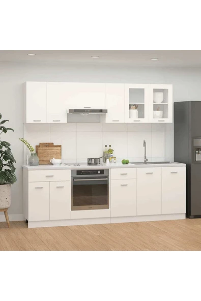 Tdesigno Persephone Hazır Mutfak Dolabı-Çok Amaçlı Dolap 230 cm Beyaz Ve Beyaz Tezgah Dahil