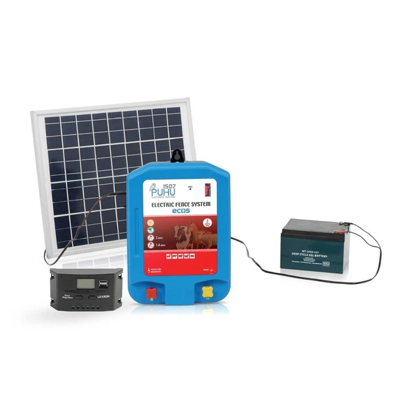 Puhu Ecos Eko Güneş Enerjili Elektrikli Çit Cihazı (2 Joule) (20W Panel + 12V/14Ah Jel Akü) ürün görseli 1