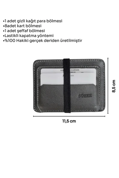Lastikli İki Katlı Mini Boy İnce Slim Basic Model Hakiki Deri Kredi Kartlık Gri - 5