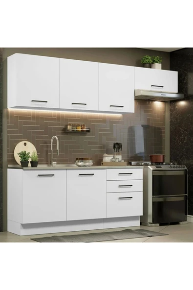 Tdesigno Arp Hazır Mutfak Dolabı-Çok Amaçlı Dolap 240 cm Beyaz Ve Beyaz Laminat Tezgah Dahil