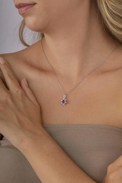 Gümüş Pazarım Ametist Taşlı Prenses Tektaş Gümüş Kolye ürün görseli 1
