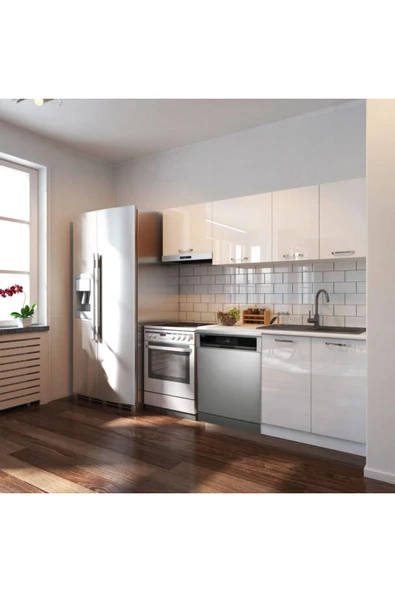 Tdesigno Puka Hazır Mutfak Dolabı 200cm Parlak-Beyaz Laminat Tezgah Dahil-Bulaşık Makinesi Yeri Mevcut-Parlak ürün görseli