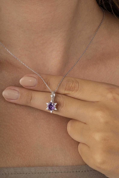 Gümüş Pazarım Ametist Taşlı Prenses Tektaş Gümüş Kolye - Resim 2